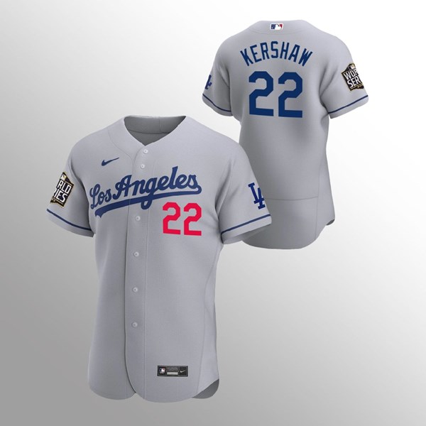 Men's Los Angeles Dodgers #22 Clayton Kershaw Grey 2020 World Series Bound stitched MLB Jersey Men's Los Angeles Dodgers #22 Clayton Kershaw Grey 2020 World Series Bound stitched MLB Jersey